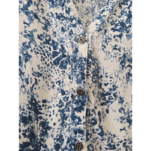 Rebecca Malone Petite Boho Blouse Blue White Border Print Rayon Top Size PXL - Picture 4 of 8